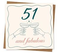 51st Birthday Card, Hands Raising Glasses, “Fabulous” | Celebrate a 51st with illustrated hands raising clinking glasses, sparkles and the front message “51 and fabulous”.