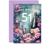 51st Birthday Card - Pink Presents Champagne Bottle - Gorgeous Pretty Beautiful Birthday Cards for 51 Year Old Woman Women, 5x7 Inch Greeting Cards Gift