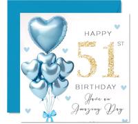 51st Birthday Cards for Men - Blue Glitter Balloons - Happy Birthday Card for 51 Year Old Man Son Dad Nephew Neighbour, 145mm Bday Greeting Cards