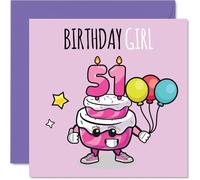 51st Birthday Cards for Women - Birthday Cake Girl Balloons - Happy Birthday Card for 51 Year Old Woman Cousin Daughter Nanny Colleague, 145mm Bday Greeting Cards