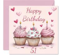 51st Birthday Cards for Women Men - Pink Cupcakes - Happy Birthday Card for 51 Year Old Woman Man Grandad Wife Daughter Brother, 145mm Bday Greeting Cards