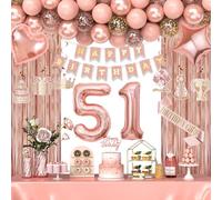 51st Birthday Decorations for Women Girls, Happy 51 Birthday Decorations for Her, Rose Gold Birthday Party Supplies with Banner, Number Balloons, Fringe Curtains, Hanging Swirls