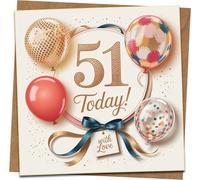 51st Birthday Greeting Card, 145mm x 145mm, Balloons and Confetti, ‘51 Today’ With Love, Includes Kraft Envelope, For Him or Her