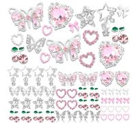 52/68 Pieces 3D Nail Charms and Gemstones Y2K Silver Butterfly Cross Star Planet Cherry Charms for Acrylic Chrome Nails Design Kawaii Nail Jewellery for Nail Art
