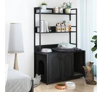 52" Cat Litter Box Enclosure with Storage Shelves & Double Doors, Modern Hidden Wooden Cat Washroom Cabinet, Scratch Pad, Indoor Entryway or Living Room Organizer, Black