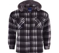 52_DNM Mens Padded Shirt Thick Lumberjack Work Checked Hooded Fleece Sherpa Lined Large Black Checkered