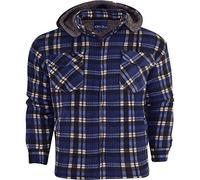 52_DNM Mens Padded Shirt Thick Lumberjack Work Checked Hooded Fleece Sherpa Lined X-Large Blue