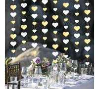 52 ft Wedding Decoration Garland, Pack of 4 Heart Paper Hanging Garland, Streamer Double Heart, Birthday Garland Decoration for Wedding Party Valentine's Day Birthday (White/Gold)