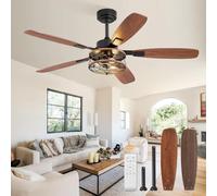 52 Inch Ceiling Fan with Light and Remote Control, Black Industrial Ceiling Fans with 6 Speed Reversible Motor and Double Finish 5 Blades, Rustic Ceiling Fan
