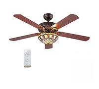 52 Inch Tiffany Ceiling Fan with 3 Lights and Remote Control, Traditional Low Profile Wooden Ceiling Fans, 5-Reversible Blades Mid-Century LED Ceiling Fan, for Living room, Bedroom, Kitchen