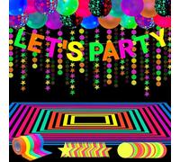 52 Pack Neon Party Supplies - Glow Decorations, Black Light Reactive Decor Set With Fluorescent Banner, Blacklight Garlands, Glow-in-The-Dark Balloons, Luminous Tape for Birthday