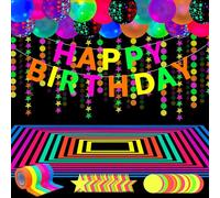 52 Pack Neon Party Supplies - Glow Decorations Set with Black Light Reactive Items, Fluorescent Banner, Blacklight Garlands, Glow in The Dark Balloons, Luminous Tape