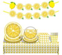 52 Pcs Fruits Theme Kids Birthday Party Supplies,Tableware Set,Yellow Lemon Party Tableware Set for Kids,Paper Plates Napkins Cups Banner Tablecloth,Tableware Decor Birthday for Family(Lemon)
