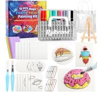 52 Pcs Magic Foam Texture Painting Kit, Magic Puffy Paint 3D Drawing Canvas Sponge - Includes 28Pcs Foam Paint Paper, 12 Colors Markers with 2Pcs Water Brush for Painting, Art, Craft Supplies
