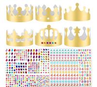 52 Pcs Paper Crowns Gold Paper Party Hats Set with 28 Sheets Gem Jewels Alphabet Number Letter Stickers, Jubilee Hats Crowns for Adults DIY Papers Crown Princess Prince Crown for Party Celebration