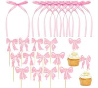 52 PCS Pink Bow Cake Topper Glitter Paper Bow Cupcake Picks Bowknot Ribbons Cupcake Toppers for Birthday Wedding Party Wedding Anniversary Wrapping Christmas Tree Decorations