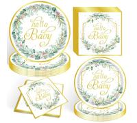 52 PCS Sage Greenery Hello Baby Tableware Set, Green Gold Eucalyptus Leaf Baby Shower Plates and Napkins Sets for Baby Girl Boy Neutral Baby Shower Party Decorations Supplies