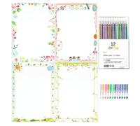 52 Pieces A4 Floral Stationery Set, 40 Sheets Botanical Printable Letter Paper and 12 Glitter Gel Pens, Minimalist Writing Paper with Plant Design for Letters