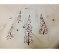 52"x70" Fir Tree Cream Table Cloths, Embroidered Snowflakes, Christmas Tree, Snow, Wine Red Gold Ivory (Seats 4-6)