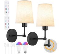 5200mAh Battery Operated Wall Sconces Set Of 2,270°Rotation Rechargeable Wall Lights Indoor With E27 RGB Dimmable Bulbs and Remote Control,Black Cordless Wall Lamp for Bedroom Bathroom Living Room