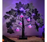 52cm Halloween Tree With Bats, Pumpkins, Purple LED Lights & Auto Timer | Large Battery Operated Light Up Tree For Goth Table Decor, Living Room Decor, Halloween Decorations Indoor & Black Ornaments