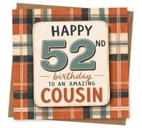 52nd Birthday Card, Bold Plaid Background, Amazing Cousin | Plaid front with big numbers and the message “Happy 52nd Birthday to an Amazing Cousin”.