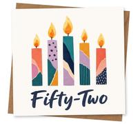 52nd Birthday Card, Colourful Candles with Bold Fifty-Two | Handmade-style patterned candles with bold “Fifty-Two” wording to mark a cheerful 52nd birthday.