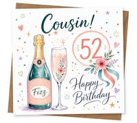 52nd Birthday Card, Fizz Bottle, Floral Flute & Confetti | Celebrate 52nd with “Cousin!” plus fizz bottle, floral champagne flute, big 52 badge and Happy Birthday script.