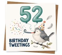 52nd Birthday Card for Her, Birthday Tweetings Bird | A fun 52nd: teal “52” balloon numbers, party bird perched on a branch, party blower, fluttering feathers and confetti.