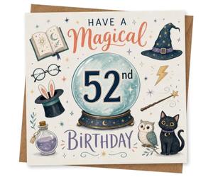 52nd Birthday Card for Her, Crystal Ball, Stars and Cat | For her 52nd, a whimsical wizard scene with crystal ball, spellbook, witch hat, owl and cat, sprinkled with stars.