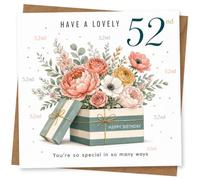 52nd Birthday Card for Her, Floral Bouquet Gift Boxes | For her 52nd: pretty flowers bursting from striped gift boxes, with “Have a lovely 52nd” and “Happy Birthday” on the front.