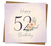 52nd Birthday Card for Her, Happy Birthday Florals | Refined “Happy 52nd Birthday” message with pastel peach blossoms, sage leaves and a clean modern number layout.