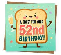 52nd Birthday Card for Her, Smiling Toast & Stars | Light-hearted 52nd greeting showing a smiling toast raising a champagne glass, with party stars and bold birthday wording.