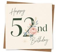 52nd Birthday Card for Her, Soft Florals & Green 52 | Elegant “Happy 52nd Birthday” for Her, combining soft floral details with bold dark green number styling.