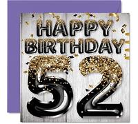 52nd Birthday Card for Men - Black & Gold Glitter Balloons - Happy Birthday Cards for 52 Year Old Man Dad Grandad Grandpa Gran Uncle, 145mm Bday Greeting Cards Gift