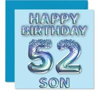 52nd Birthday Card for Son - Blue Glitter Party Balloons - Happy Birthday Cards for 52 Year Old Son from Mum Dad Parents, 145mm Bday Greeting Cards Gift