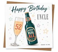 52nd Birthday Card for Uncle, Champagne 52 & Star Confetti | Uncle’s 52nd toast: beer bottle and champagne flute marked 52, scattered stars and confetti, plus “Cheers! To You”.