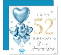 52nd Birthday Cards for Men - Blue Glitter Balloons - Happy Birthday Card for 52 Year Old Man Dad Brother Son Nephew, 145mm Bday Greeting Cards
