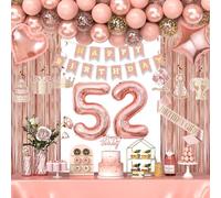 52nd Birthday Decorations for Women Girls, Happy 52 Birthday Decorations for Her, Rose Gold Birthday Party Supplies with Banner, Number Balloons, Fringe Curtains, Hanging Swirls
