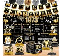 52nd Birthday Decorations for Women Men, 18PCS Black Gold Back in 1973 Banner Decorations, Bday Backdrop, 52 Year Oid Banner for Mother Dad, Birthday Card, 6 Paper Poms 9 Honeycomb Balls