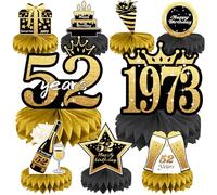 52nd Birthday Decorations Set, 1973 Table Toppers for Women Men Birthday Party Supplies, Happy 52 Year Old Table Decoration for Mother and Dad, 9Pcs Black & Gold Honeycomb Centerpieces