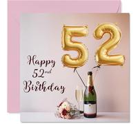 52nd Floral Birthday Card for Women - Gold Balloons and a Champagne Toast | Burgundy Script on Pale Pink, with 'Happy 52nd Birthday Mumm' on the Front, 145mm Square, Envelope Included