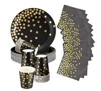 52P Black and Gold Foil Polka Dots Tableware for Him/Her,Black Gold Dot Plates Paper Cups and Napkins,Sparkling Golden Polka Dots Graduation Plates for Birthday,Wedding,Baby Shower Party Tableware