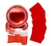 52P Metallic Red Tableware Set for Her,Girl,Women,Red Foil Paper Plates Solid Color RedPaper Cups and Napkin,Sparkling Foils Christmas Dinnerware Sets Cutlery for Xmas,Birthday,Wedding Party Tableware