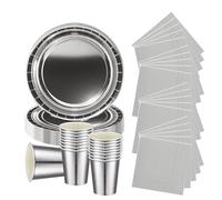 52P Metallic Silver Tableware Set for Her,Girl,Women,Silver Foil Paper Plate Silvers Paper Cup and Napkin,Sparkling Foils Christmas Dinnerware Sets Cutlery for Birthday,Wedding,Baby Shower Tableware
