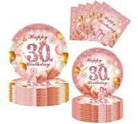 52Pcs 30th Paper Plates and Napkins Rose Gold,16 Guests Pink and Gold 30th Birthday Party Tableware Paper Plates and Napkins Set for Women 30th Birthday Gifts,Birthday Party Decorations Supplies