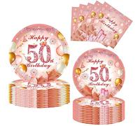52Pcs 50th Paper Plates and Napkins Rose Gold,16 Guests Pink and Gold 50th Birthday Party Tableware Paper Plates and Napkins Set for Women 50th Birthday Gifts,Birthday Party Decorations Supplies