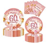 52Pcs 60th Paper Plates and Napkins Rose Gold,16 Guests Pink and Gold 60th Birthday Party Tableware Paper Plates and Napkins Set for Women 60th Birthday Gifts,Birthday Party Decorations Supplies