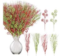 52Pcs Christmas Tree Decorations Red Green Picks Sprays Artificial Glitter Berry Stems Curly Ornaments Vase Filler Home Table Decor