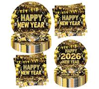 52pcs Happy New Year Party Supplies Tableware Set 2026 New Year's Eve Black Gold Plates Napkins Dinner Dessert Paper Plates Holiday Celebration Decorations